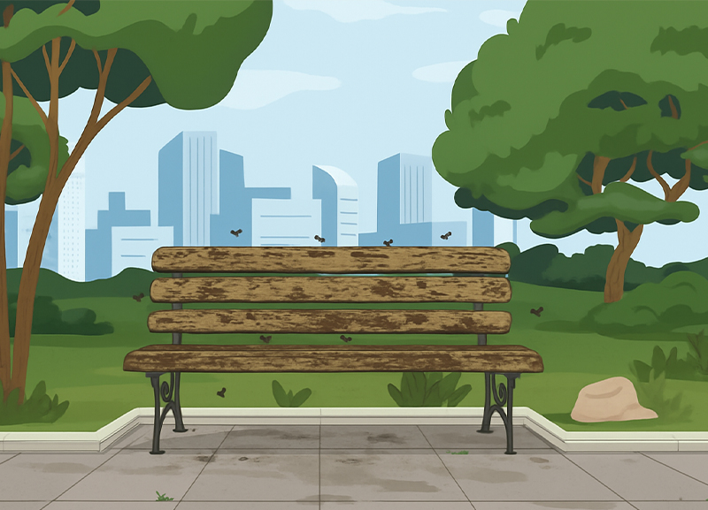 Spotlight on an Old Rusty Bench